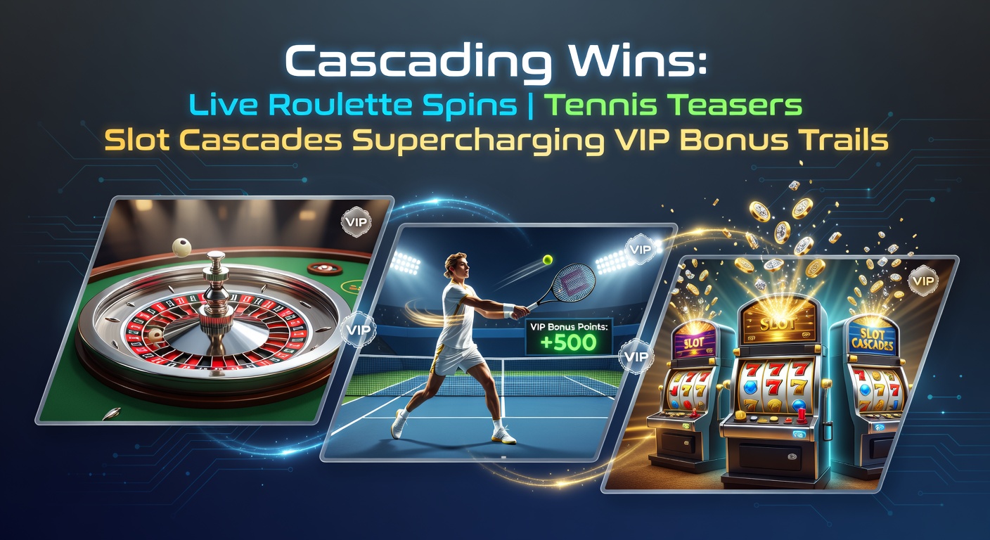Vibrant display of cascading slot symbols tumbling down reels alongside live roulette wheel spins and tennis court action, illustrating chained wins accelerating VIP progress bars