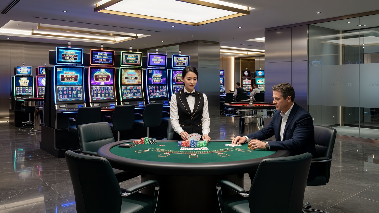 Close-up of a live dealer blackjack table with cards, chips, and players engaged in a game