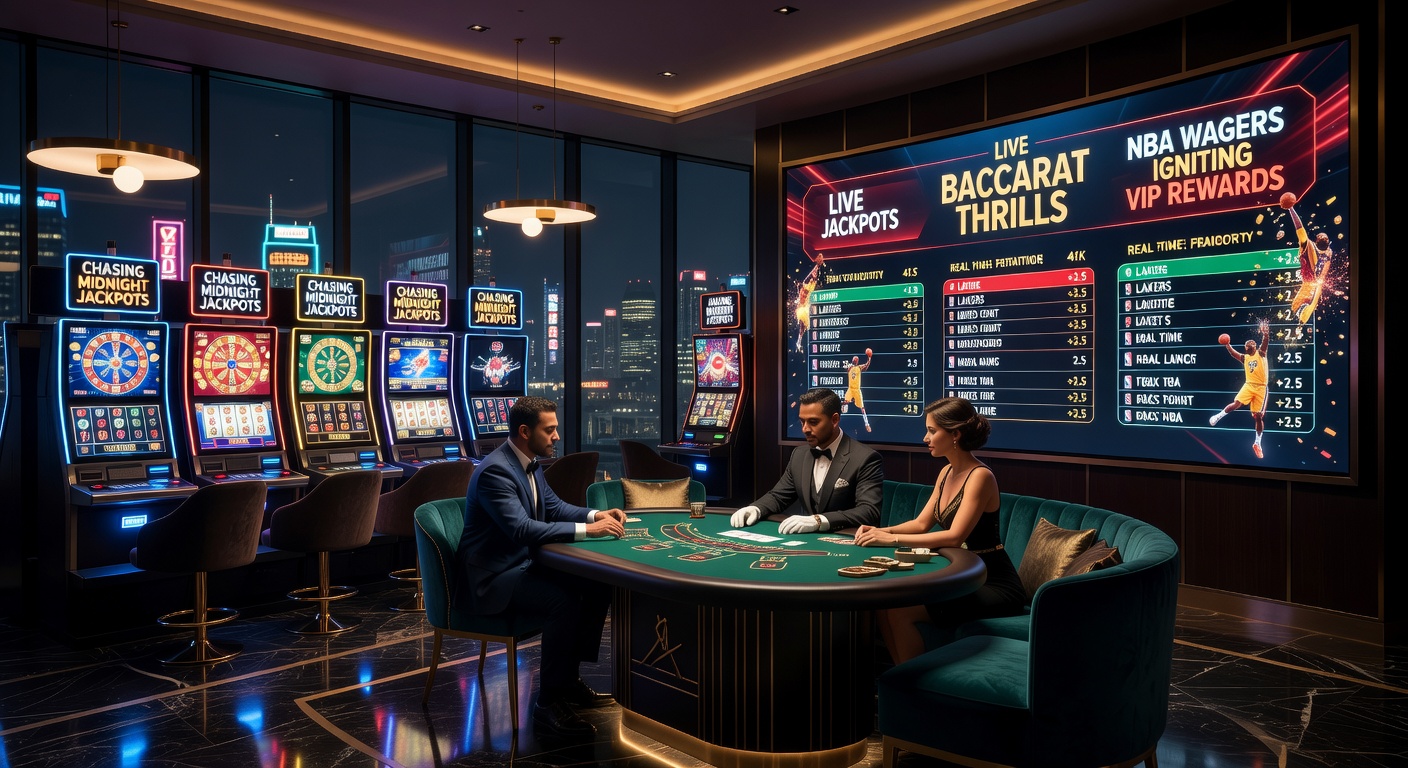 Glowing slot machines on a bustling late-night casino floor, jackpot lights flashing amid eager players