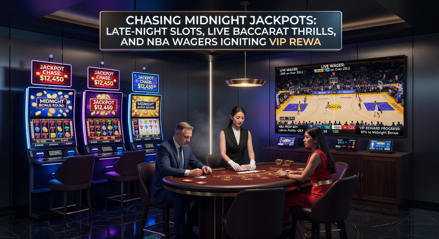 Intense live baccarat table with dealer revealing cards, players focused under spotlights during a midnight session