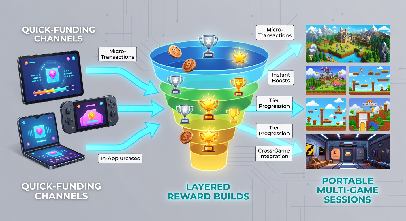 Illustration of layered reward progress across mobile casino games with instant deposits