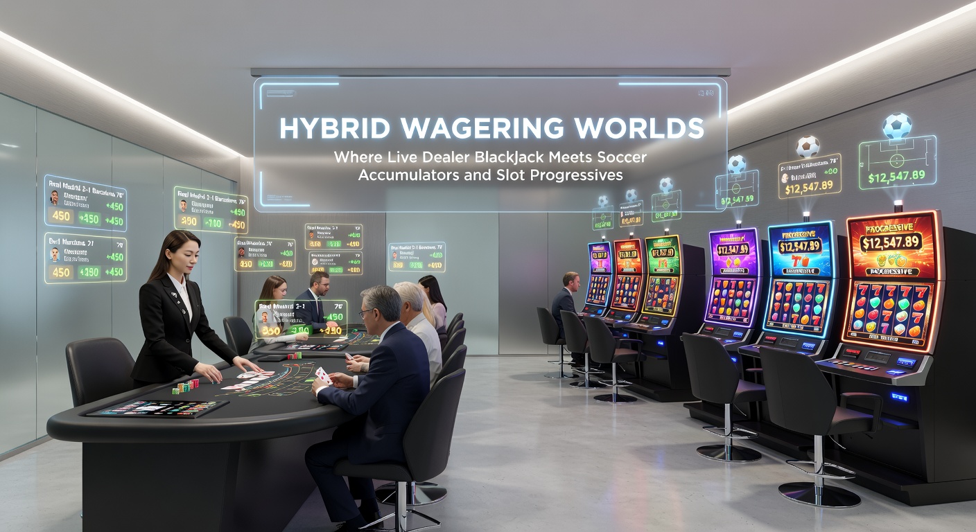 Dynamic split-screen view of a live dealer blackjack game, soccer accumulator odds updating in real-time, and a slot machine's progressive jackpot climbing toward seven figures