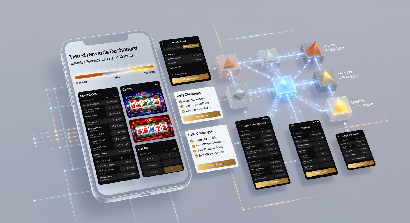Mobile app dashboard displaying tiered rewards and wagering options across slots, sports, and table games