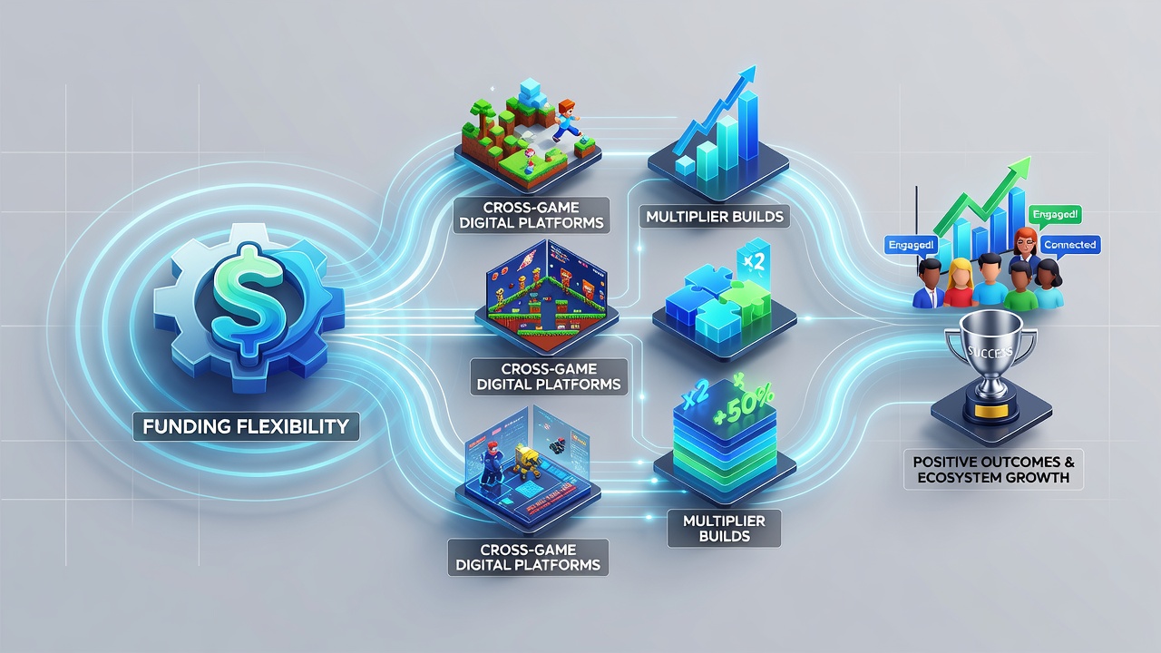 Illustration of interconnected game modules with funding flows contributing to shared multiplier builds