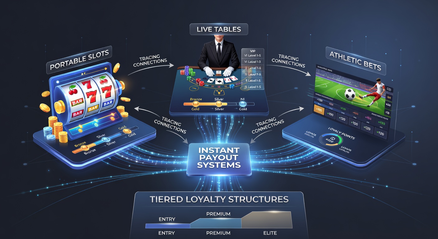 Illustration showing instant payout systems linked to tiered loyalty rewards across mobile slots, live dealer tables, and sports betting platforms