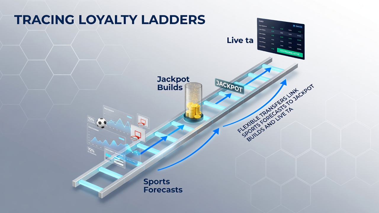 Dashboard view of loyalty tiers with transfer arrows connecting sports, slots, and live tables