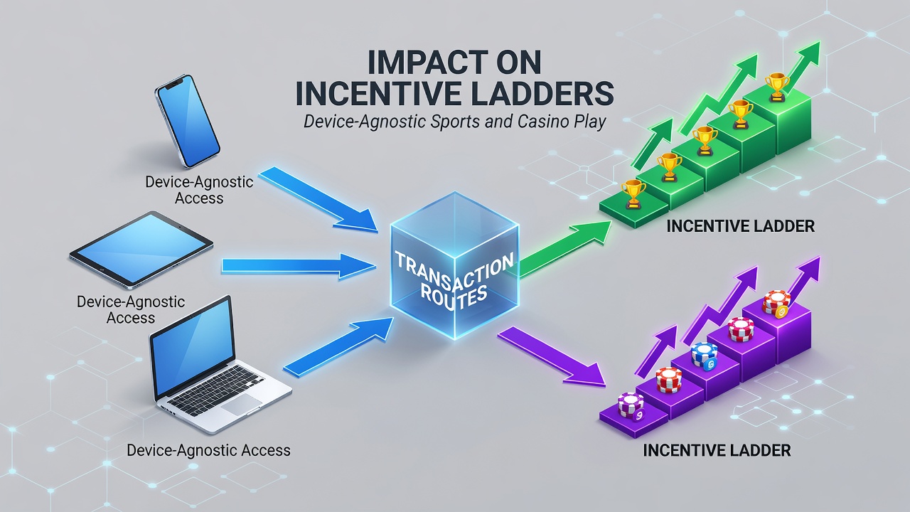 Diagram showing interconnected mobile devices and casino reward ladders powered by flexible transaction routes